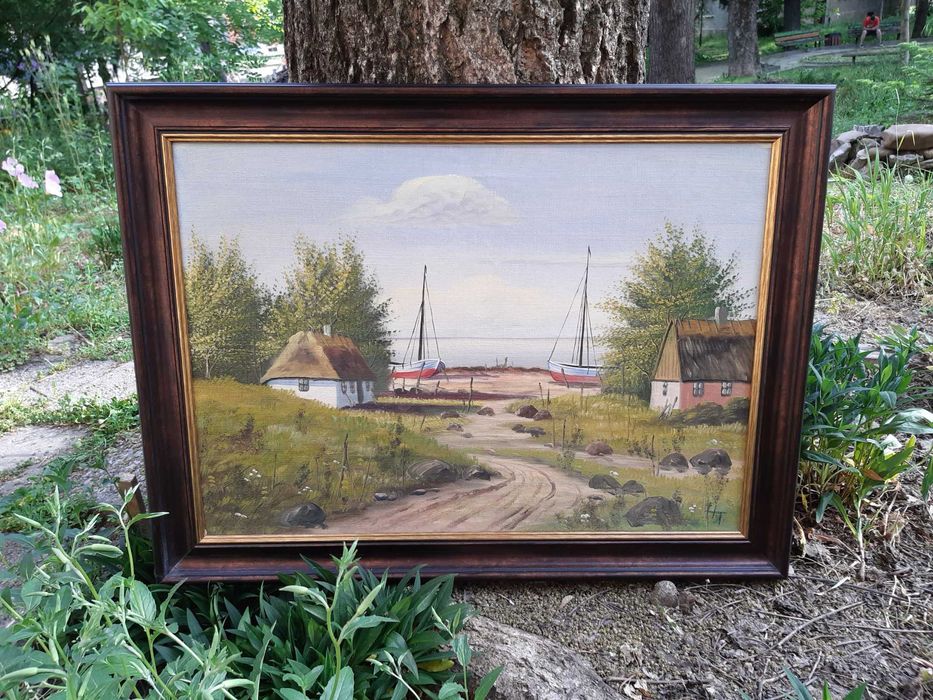 Красива Стара Картина "Рибарско Селище" Маслени Бои на Платно