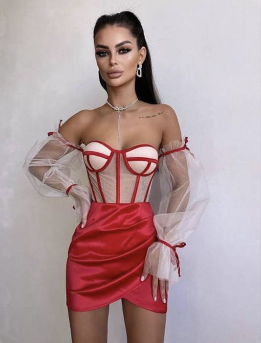 Compleu damă elegant – top corset + fustă mini satinată