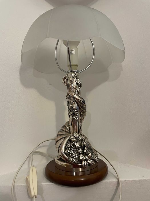 Veioza/lampa alpaca-like lemn vintage abajur sticla E14 35cm anii 1990