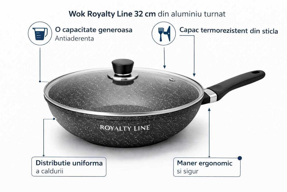 Wok din aluminiu turnat cu acoperire marmura 32 cm Royalty Line
