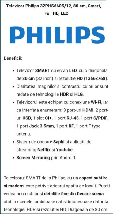 Smart TV  Philips Full HD, LED, 80cm, nou