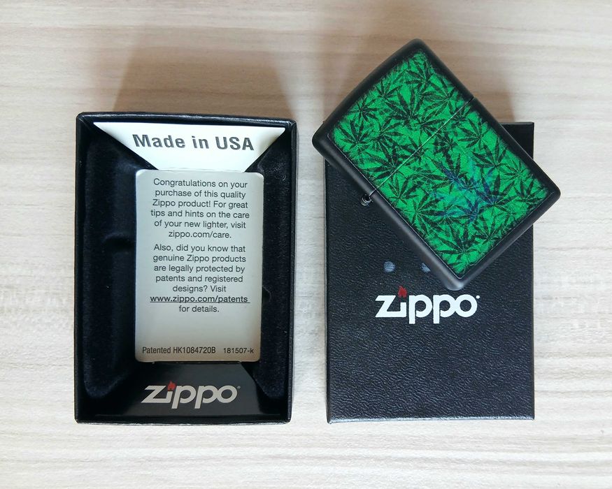 Нова запалка Zippo Green Cannabis + подарък гориво