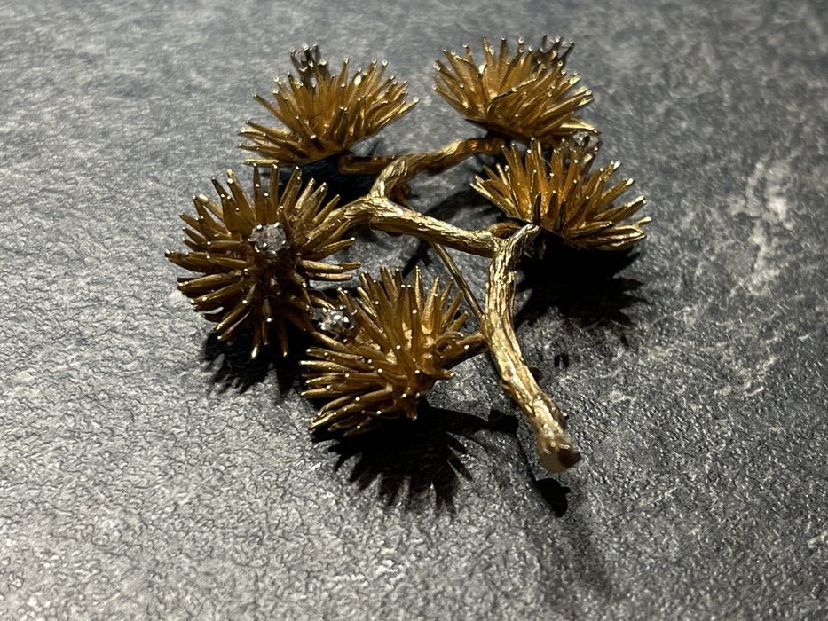 Broșă vintage aur 14k + diamante