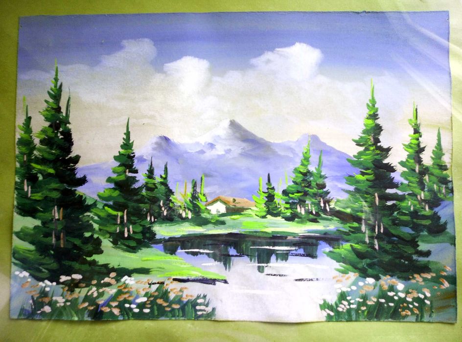 Стара МАСЛЕНА КАРТИНА Море и Планински Пейзаж ТЕМПЕРА - 70те Години БГ