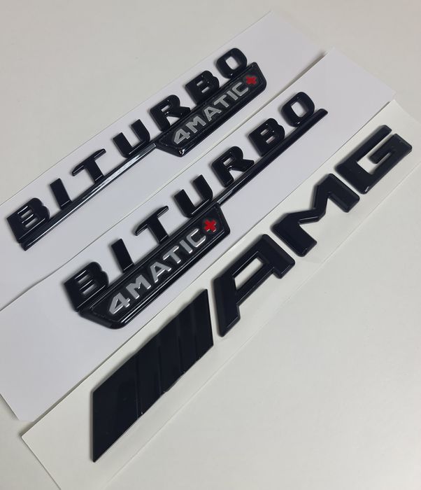 Pachet-Set-Emblema-Neagra-Lucios-Sigla-Logo-Stema-Spate-Aripi-Laterale-Haion-Mercedes-AMG-Turbo-Biturbo-4Matic+
