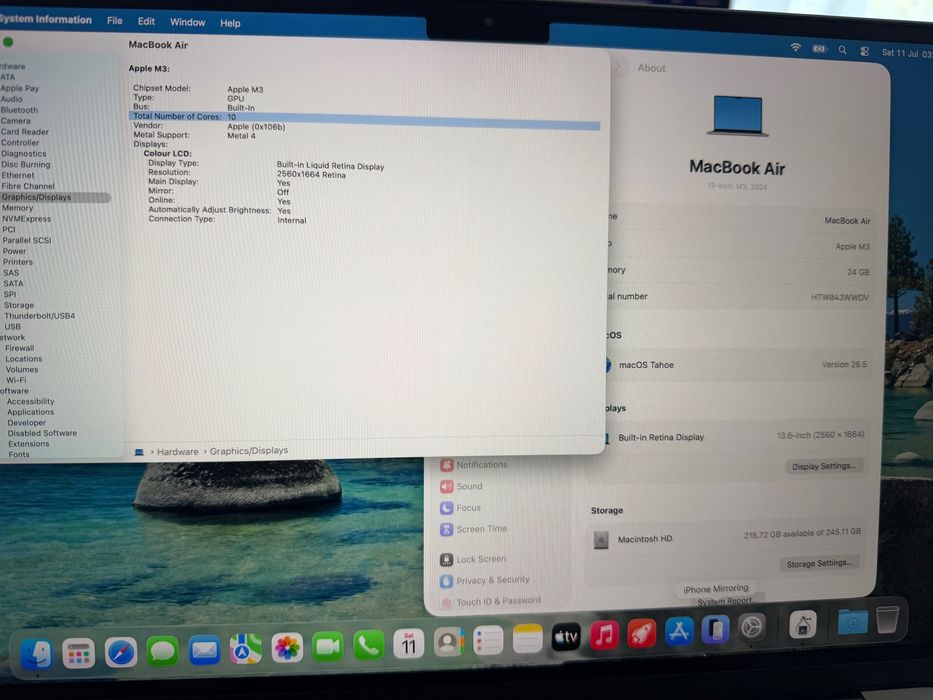 MacBook Air 13" M3 Chip 8-CPU, 10-GPU, 24GB RAM, 256GB SSD