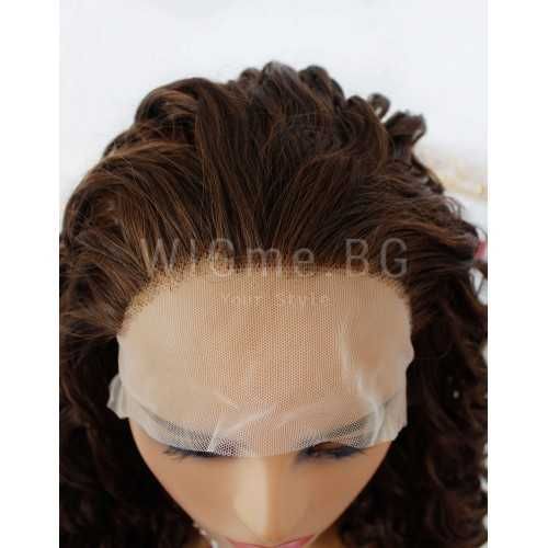 Дълга къдрава тъмнокестенява лейс фронт перука Пилар