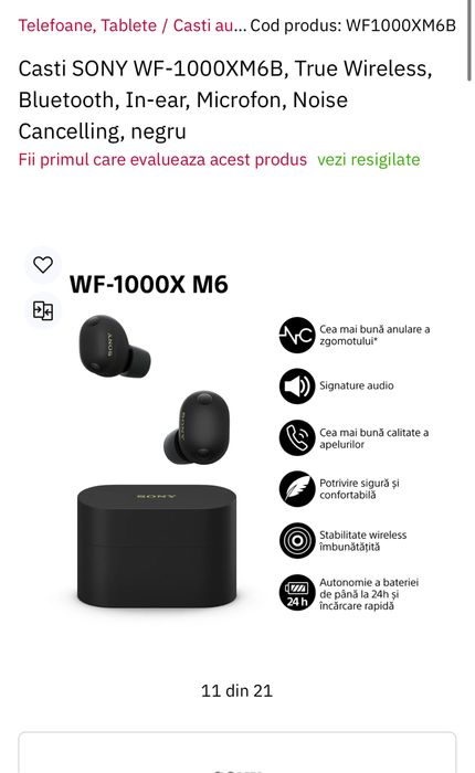 Casti SONY WF-1000XM6B, True Wireless, In-ear, Microfon, sigilate, transport inclus
