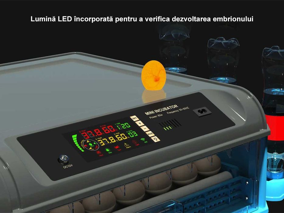 Incubator automat 128 ouă – control temperatură/umiditate, pentru pui, rață, prepeliță