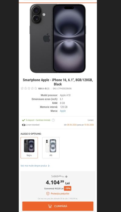 Iphone 16 black  nou , sigilat , neactivat , garantie 1 an  Predare personala