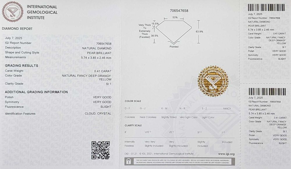 Inel 14K – diamant natural Fancy Deep Orange Yellow IGI