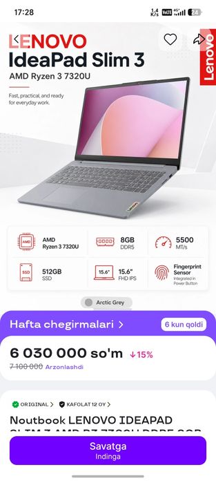 Noutbuk sotiladi! Lenovo IdeaPad Slim3 (82XQ00ELRK)
 5 6 marta zaryadk