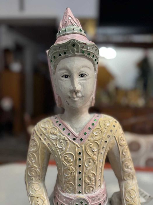 Sculptură în lemn exotic masiv/Buddha Thai/lucrat+pictat manual/52cm.