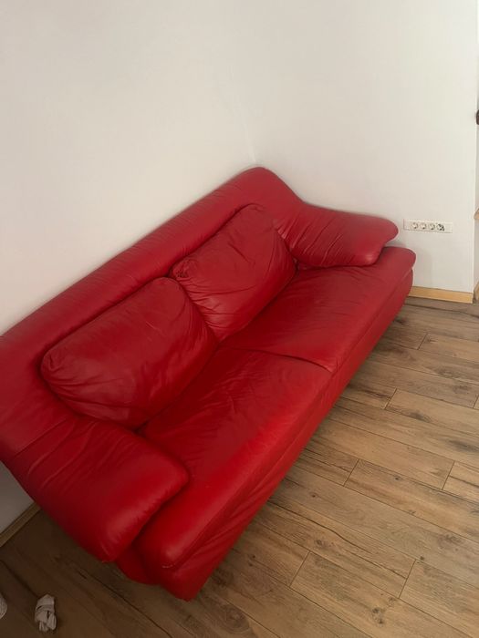 Set canapea + fotoliu din piele naturală roșie