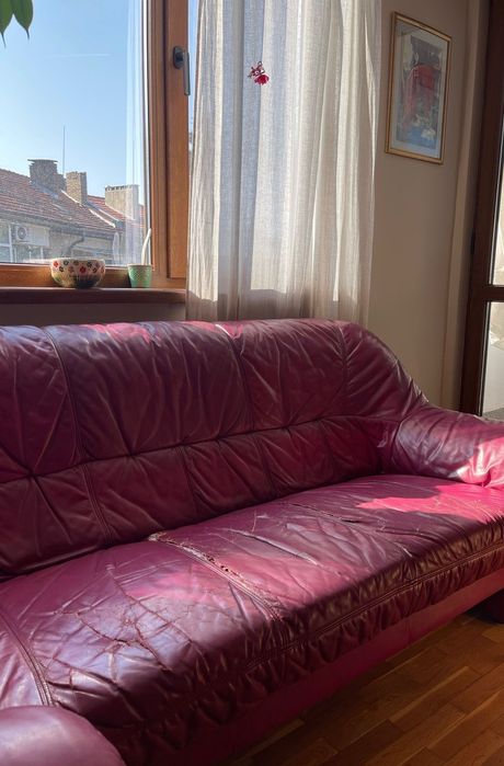 Дивани от естествена кожа 2бр. в цвят вишна/бургунди