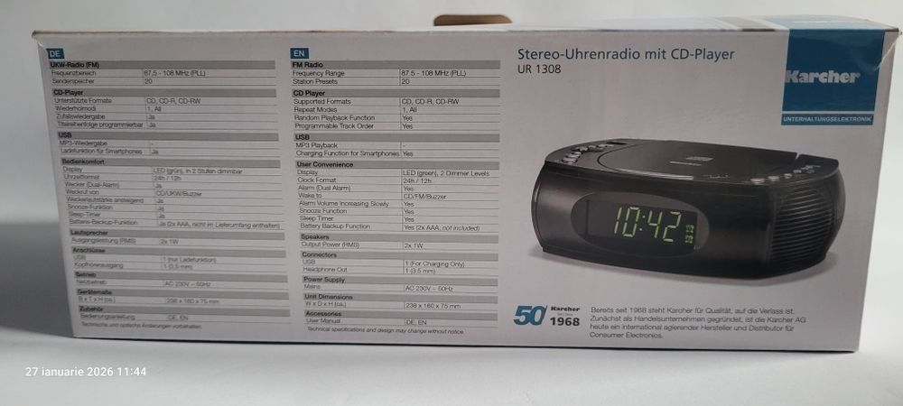Aparat radio Karcher cu ceas Cd/Usb/