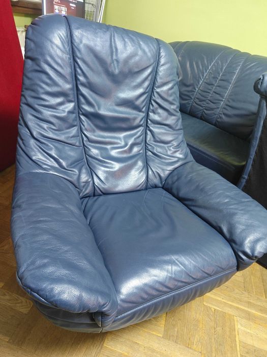 Холов ъглов диван естествена кожа с въртящ се фотьойл