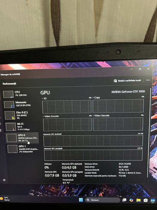 Laptop gaming| i5gen8| 16gb ram ddr4| GTX1050 4gb| ssd 256 baterie noua