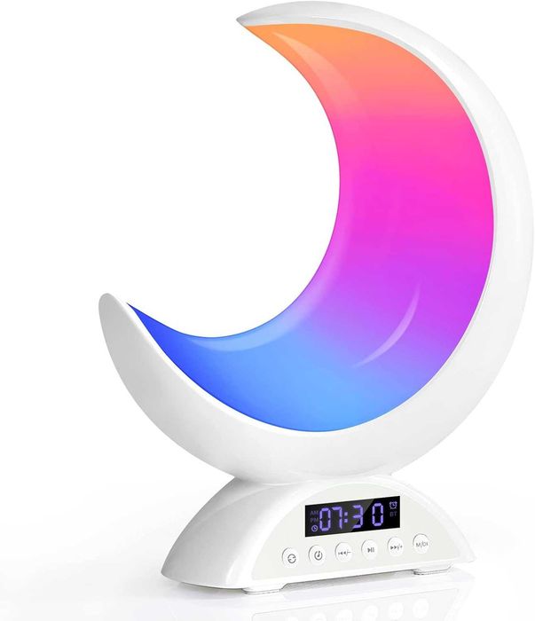 Настолна лампа Moon с часовник с будилник, RGB регулируема светлина с Bluetooth