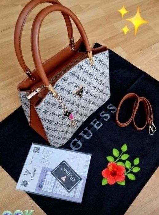 Geanta Guess,material textil,insertii piele, logo metalic, saculet