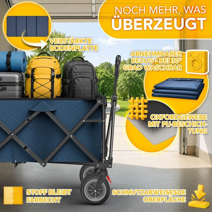 Сгъваема количка TRESKO® 215 л със спирачка,широки гуми и товароносимост до  150 кг