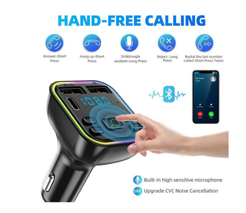 FM трансмитер Bluetooth с LED дисплей 2x USB и Type-C 3.1A