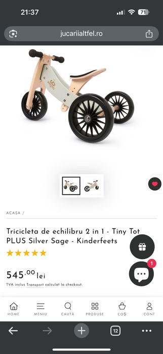 Tricicleta 2 in 1 Kinderfeets Tiny Tot Plus Silver Sage