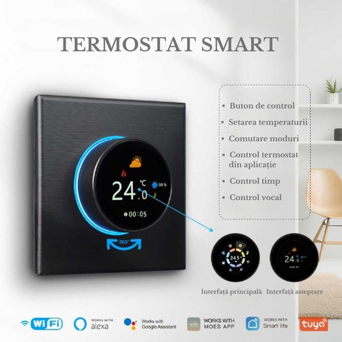 Termostat Inteligent cu Wi-Fi, Control de la Distanta, Ecran Tactil