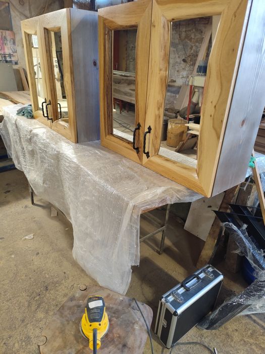 Горен и долен шкаф за баня,дъб и орех