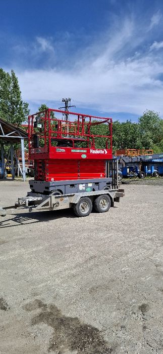 Nacela foarfeca electrica de vanzare cu remorca, Haulotte Compact 14, 14m, an 2014, baterii noi, ISCIR, 9700 euro