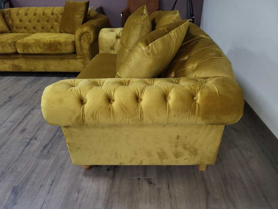 Жълт комплект дивани от плат - плюш тройка и двойка