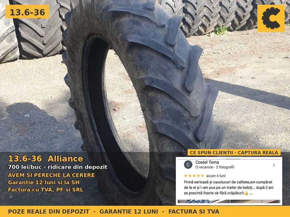 Cauciucuri Anvelope 13.6-36 13.6R36 340/85R36 13.6x36 13636 Alliance Tractor Punte Spate Tractiune SH Second Hand STOC REAL Garantie 1 An Factura TVA
