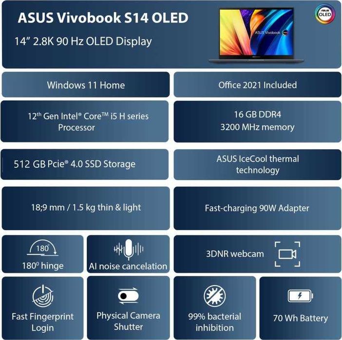 ASUS VivoBook S OLED 14" IntelCore i5-12500H 16cpu's/16GB/512GB SSD/Intel R/OLED 2880x1800 90HZ!