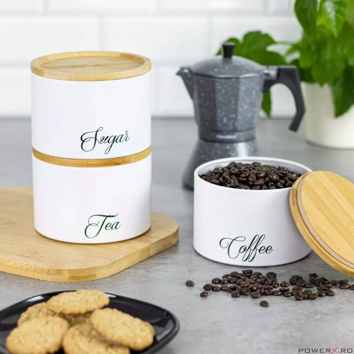 Recipiente pentru cafea, ceai, zahar, din inox-bambus, albe, Klausberg