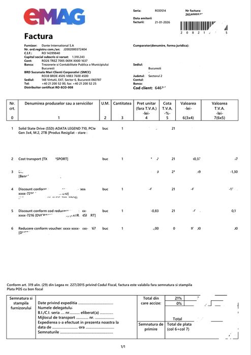 SSD ADATA Legend M.2 2TB NOU garantie eMag 5 ani