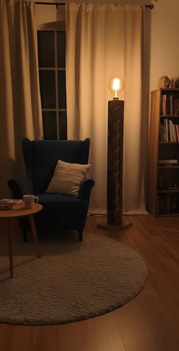 Lampadar, lampa de podea, stâlp luminos din lemn natur, veioza  rustic