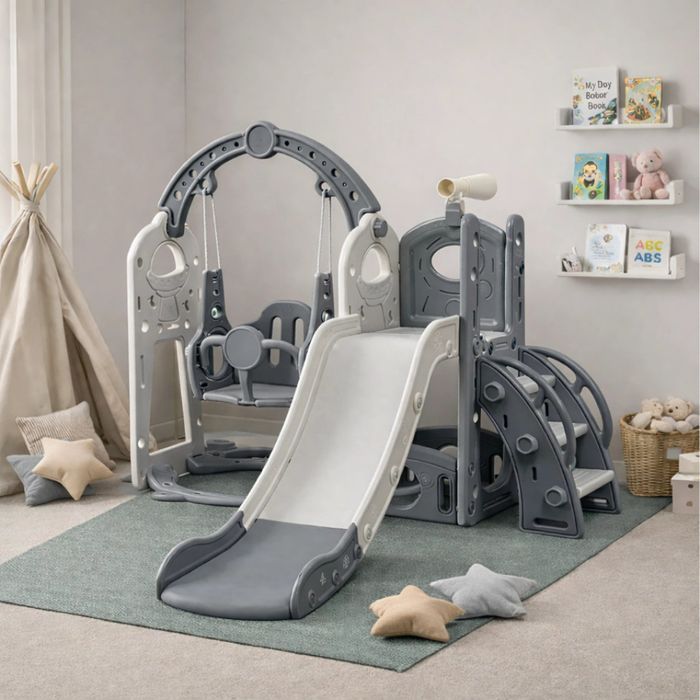 Детска сива пързалка с люлка 3 в 1 – за дома и двора, стабилна и безопасна конструкция
