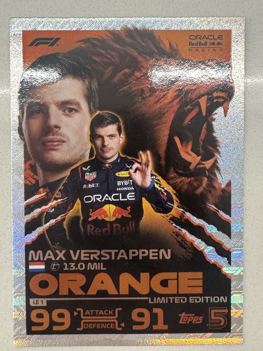 Max Verstappen "Orange" Limited Edition (Card #LE 1) от серията 2024 Topps F1 Turbo Attax