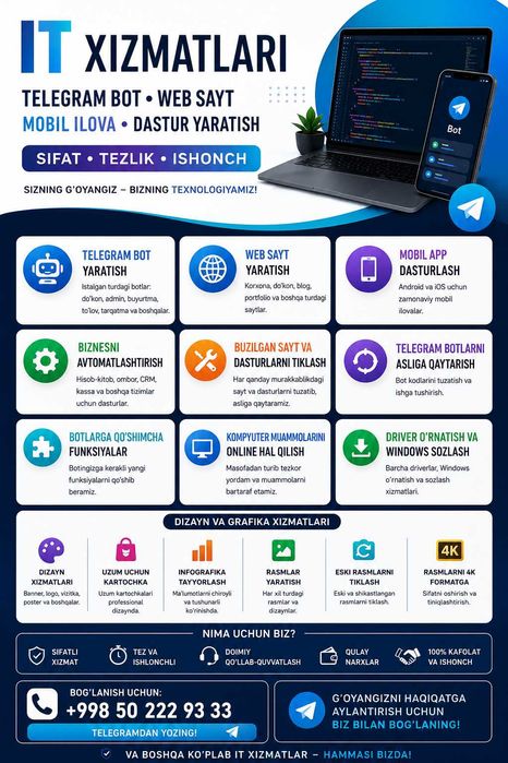 Telegram bot • Web sayt • Mobil ilova • Dastur yaratish |IT xizmatlari