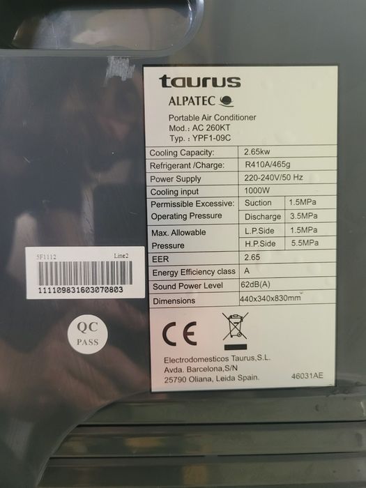 Aer condiționat portabil Taurus Alpatec AC 260 KT (9000 BTU)