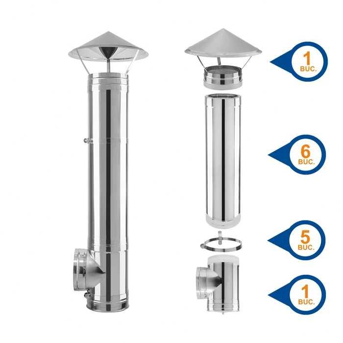Cos de fum din inox izolat, cu teu 90 grade, D 180/250 mm