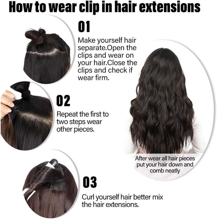 Дълги вълнообразни екстеншъни за коса с щипки за жени