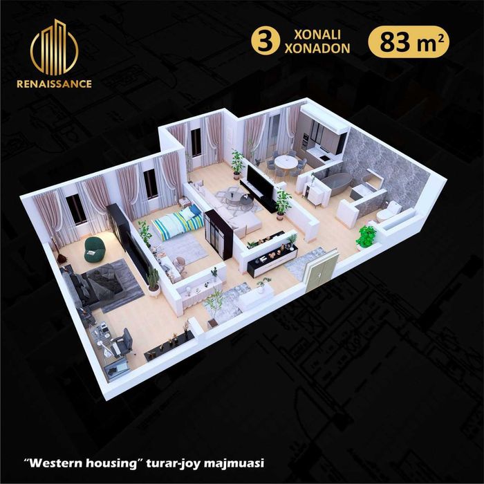 Western Ҳоусингда 3 хонали, 83 м2, 9-қават, Киет метроси KADASTR BOR`