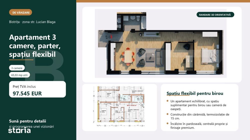 Apartament 3 camere, 65mp, bloc nou, zona Giulia