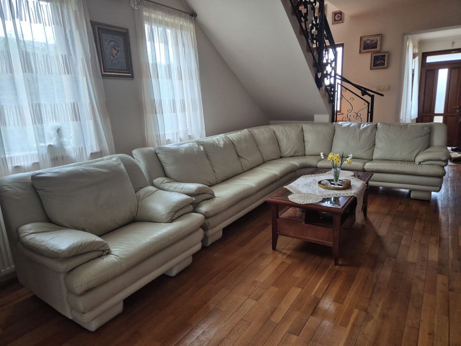 canapea tip colțar și fotoliu din piele naturală,  crem/bej deschis