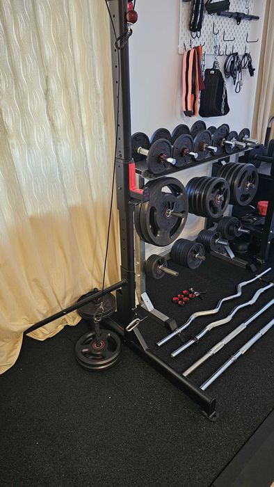 Home gym complet Decathlon Domyos - Half Rack 500, 199 kg discuri, bare, gantere, suport depozitare
