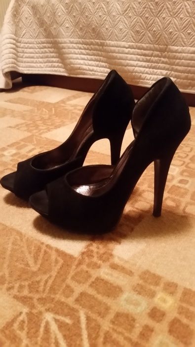 pantofi platforma, negri din piele intoarsa