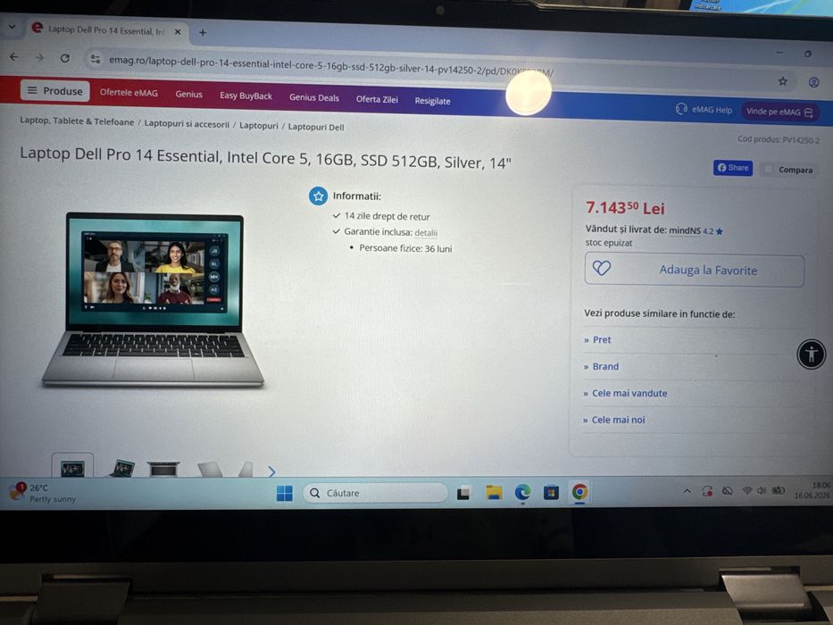 Laptop Dell Pro 14 Essential, Intel Core 5 120U, 16GB, SSD 512GB, Silver, 14" PV14250 NOU!