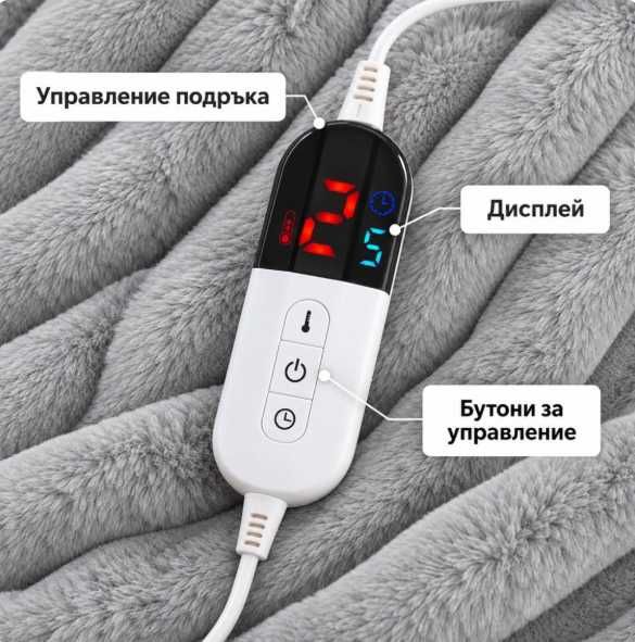 Луксозно сиво електрическо одеяло 160х180 см с релефна текстура и дисплей