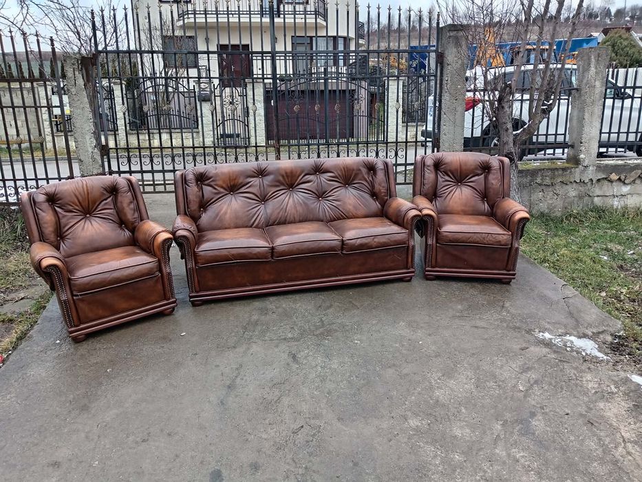 Set canapea din piele naturală cu lemn masiv